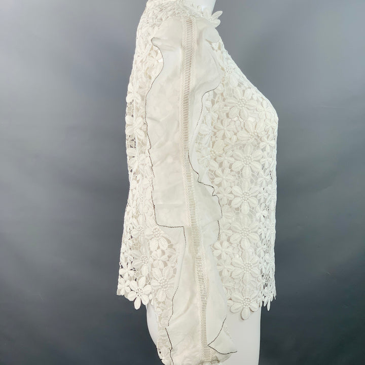 SELF-PORTRAIT Size 6 White Polyester Cotton Floral Crochet Ruffle Blouse