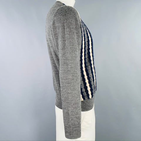 DRIES VAN NOTEN Taille XL Pull col V en laine rayé gris marine crème