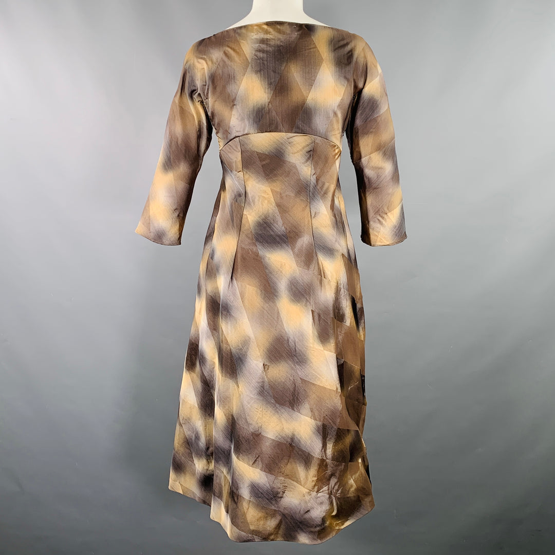 MARNI Size 2 Brown Beige Polyester Taffeta Diamond 3/4 Sleeves Dress