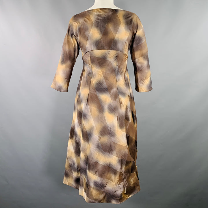 MARNI Size 2 Brown Beige Polyester Taffeta Diamond 3/4 Sleeves Dress