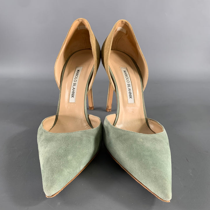 MANOLO BLAHNIK Size 9.5 Sage Tan Suede Two Tone Suede Pointed Toe Pumps