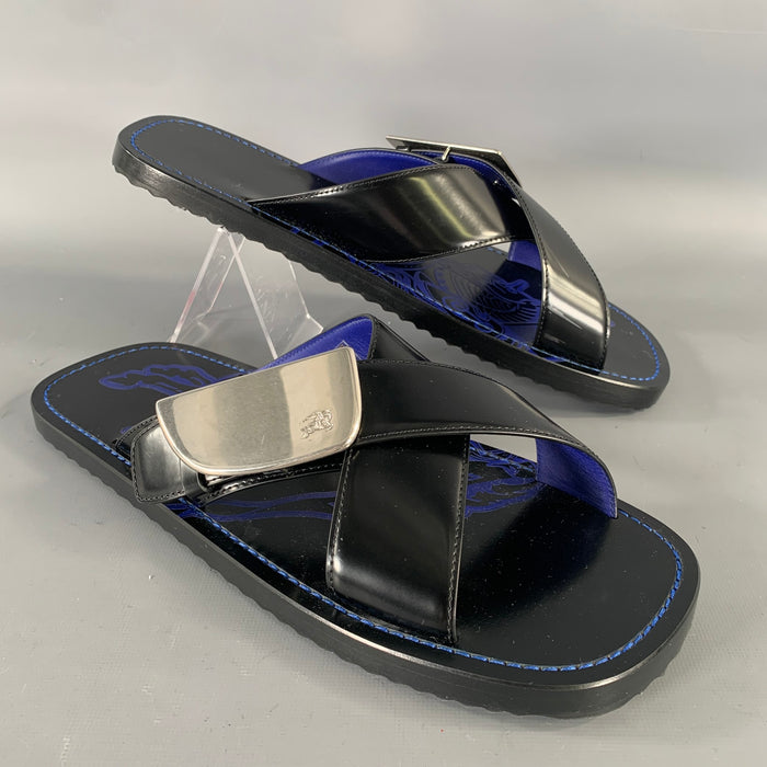 BURBERRY Size 10 Black Blue Leather Slide Sandals