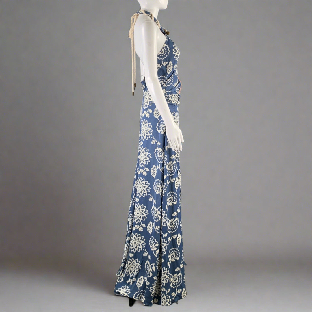 RALPH LAUREN Size 8 Blue White Silk Floral Halter Long Dress