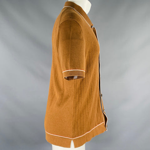 Chemise à manches courtes en maille de soie et coton avec bordure contrastante crème marron TODD SNYDER Taille M