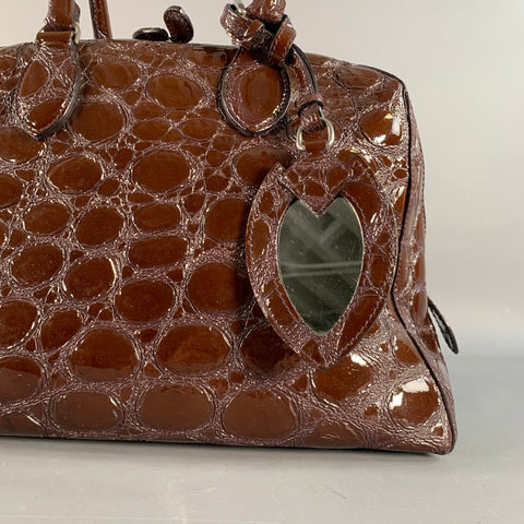 ALAIA Brown Embossed Patent Leather Top Handles Shoulder Handbag
