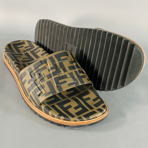FENDI Size 10 Brown Beige Logo Monogram Acetate Slip On Slide Sandals