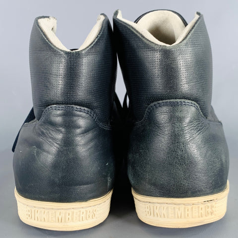 BIKKEMBERGS Size 10 Navy White Perforated Leather High Top Sneakers
