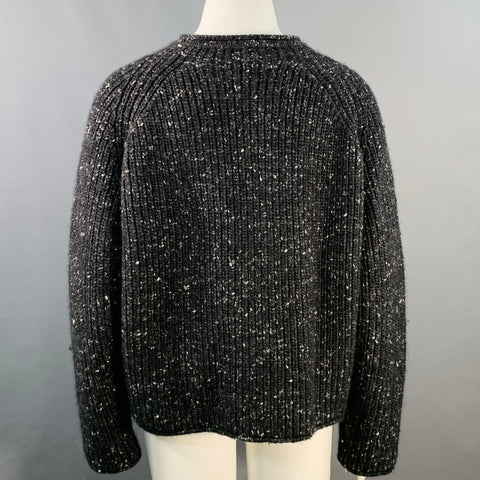 TOTEME Size L Country Knit Grey White Wool Alpaca Silk Ribbed Crew Neck Sweater