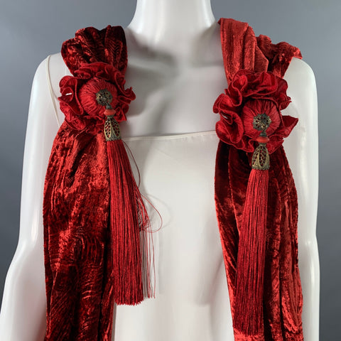 Écharpe Châle Vénitien Velours à Pompoms Rouges VINTAGE