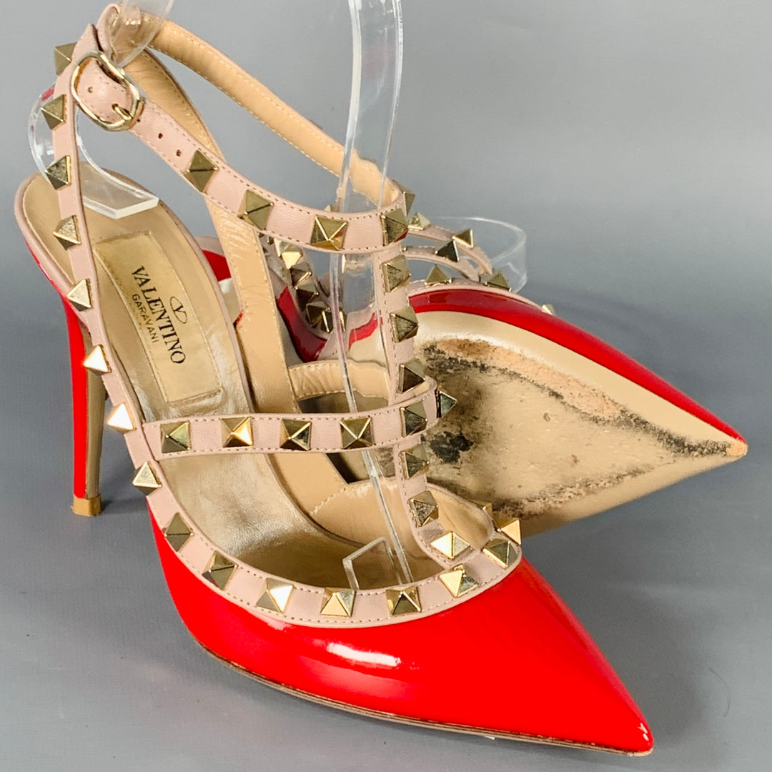 VALENTINO Size 4 Rockstud Red Nude Gold Studded T- Strap Pumps