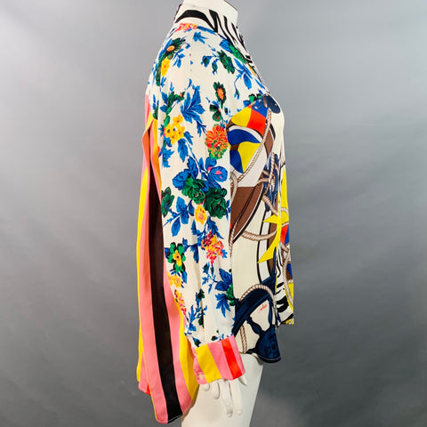 MSGM Size XL White Multi Color Polyester Viscose Floral Nautical Stripe Button Up Shirt