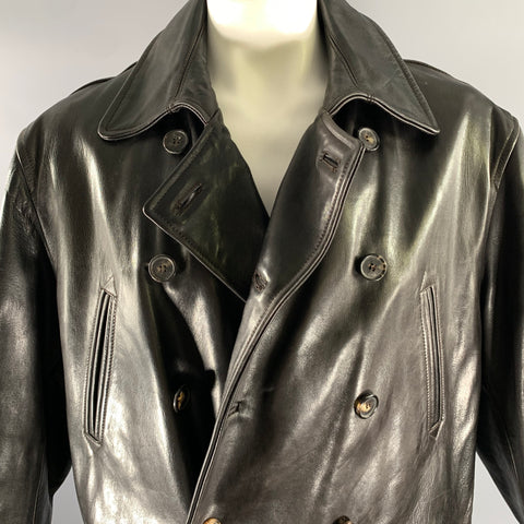 HARVEY LOGAN Size XXL Black Leather Double Breasted Coat
