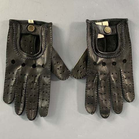BURBERRY Size 8 Black Gold Perforated Lambskin Leather Gloves
