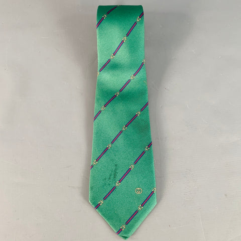 GUCCI Vintage Green Red Horsebit Diagonal Stripe Silk Tie