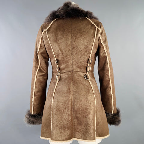 PELLACCI Size XS Brown Cream Leather Fur Trim Snaps Coat