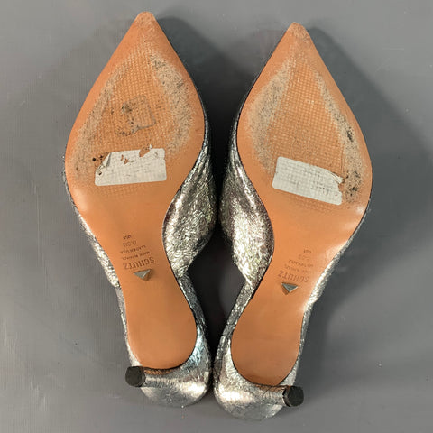 SCHUTZ Size 6.5 Silver Leather Wrinkled Mules Pumps