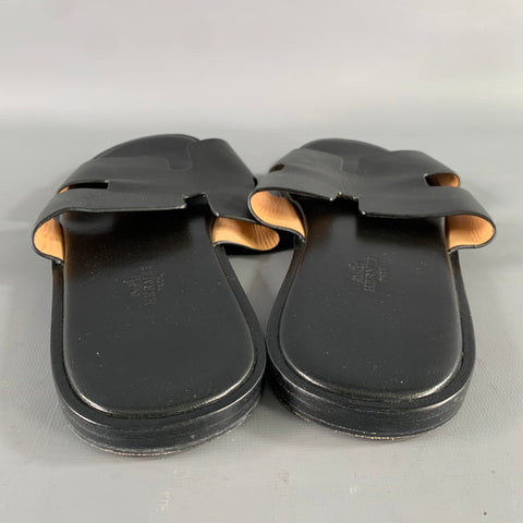 HERMES Size 11 Black Leather Slide Sandals
