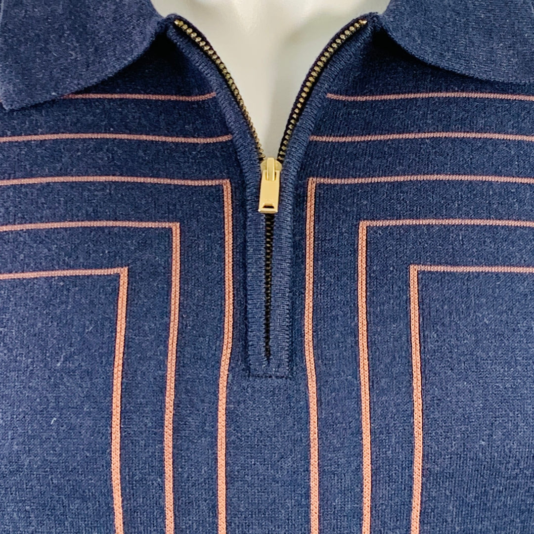 REISS Size S Kade Navy Copper Lines Viscose Blend Zip Up Polo