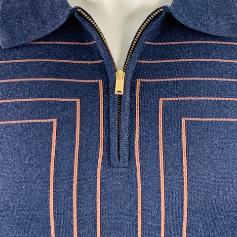 REISS Size S Kade Navy Copper Lines Viscose Blend Zip Up Polo