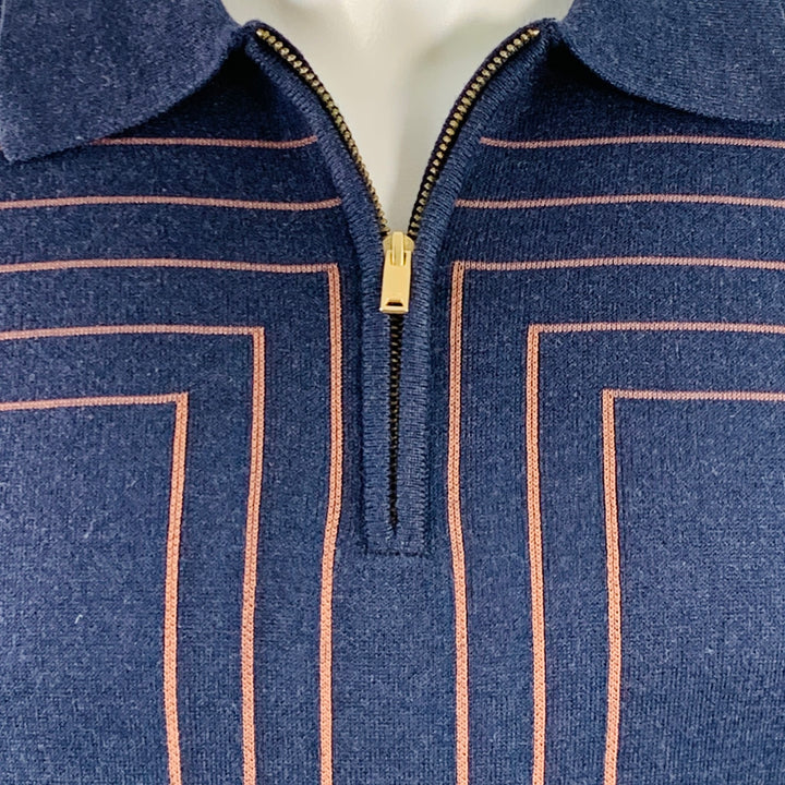 REISS Size S Kade Navy Copper Lines Viscose Blend Zip Up Polo