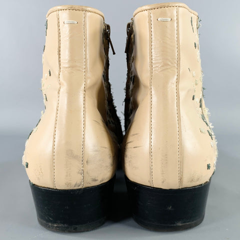 MAISON MARTIN MARGIELA Size 12 Beige Green Embroidery Side Zipper Boots