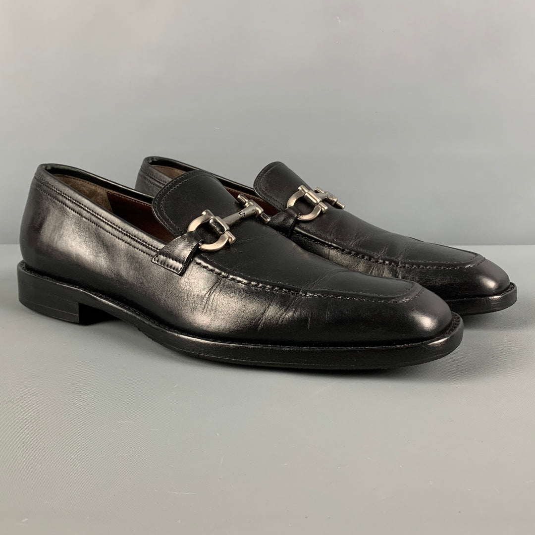SALVATORE FERRAGAMO Size 7.5 Black Silver Leather Horsebit Loafers