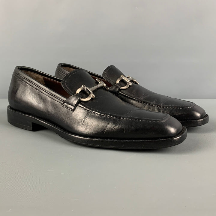 SALVATORE FERRAGAMO Size 7.5 Black Silver Leather Horsebit Loafers