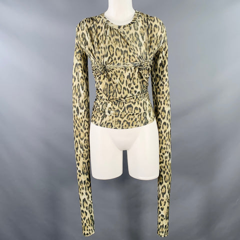 VAQUERA Size S Titty Twister Gold Olive Polyester Blend Leopard Ruched Dress Top