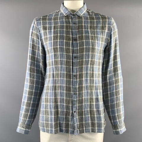 JOHN VARVATOS Size L Blue White & Black Plaid Pointed Collar Long Sleeve Shirt