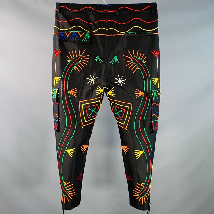 PRABAL GURUNG Size 34 Black Multi Color Abstract Embroidery Cropped Casual Pants