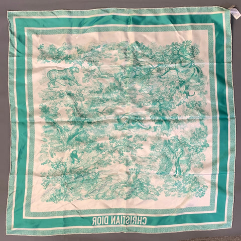 CHRISTIAN DIOR Teal Ivory Landscape Silk Scarves