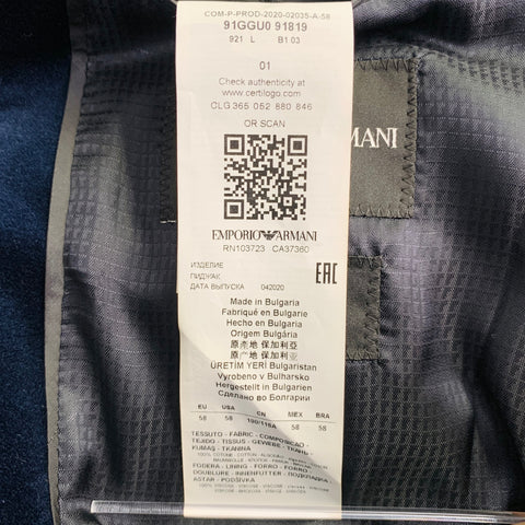 EMPORIO ARMANI Size 48 Navy Velvet Cotton Notch Lapel Sport Coat