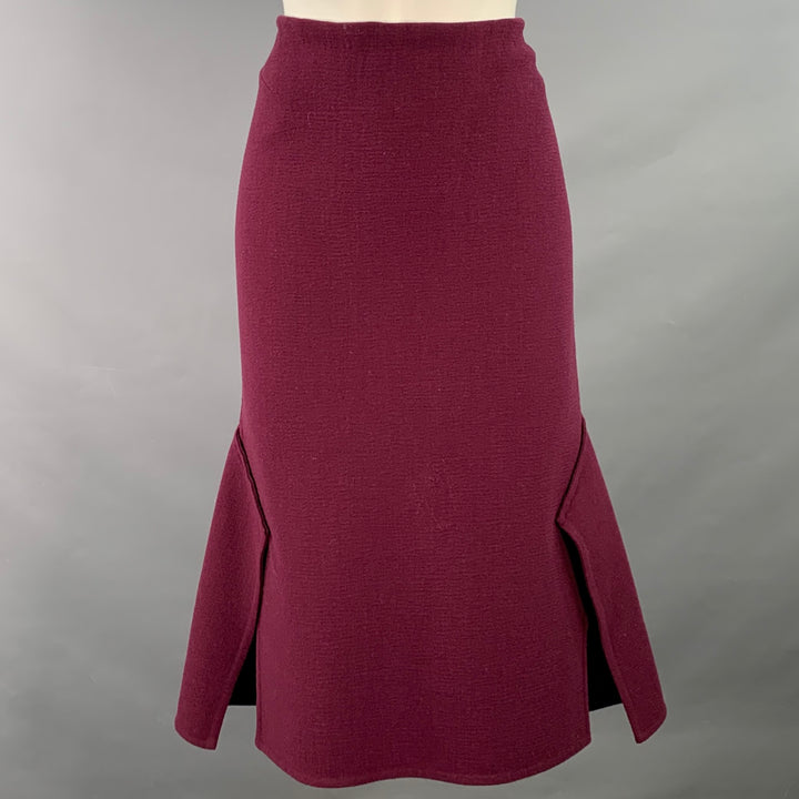ROLAND MOURET Size 8 Burgundy Virgin Wool Blend Textured Side Panels Skirt