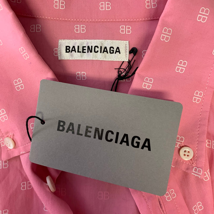 BALENCIAGA Size XS Pink White Monogram Cotton Button Down Short Sleeve Shirt