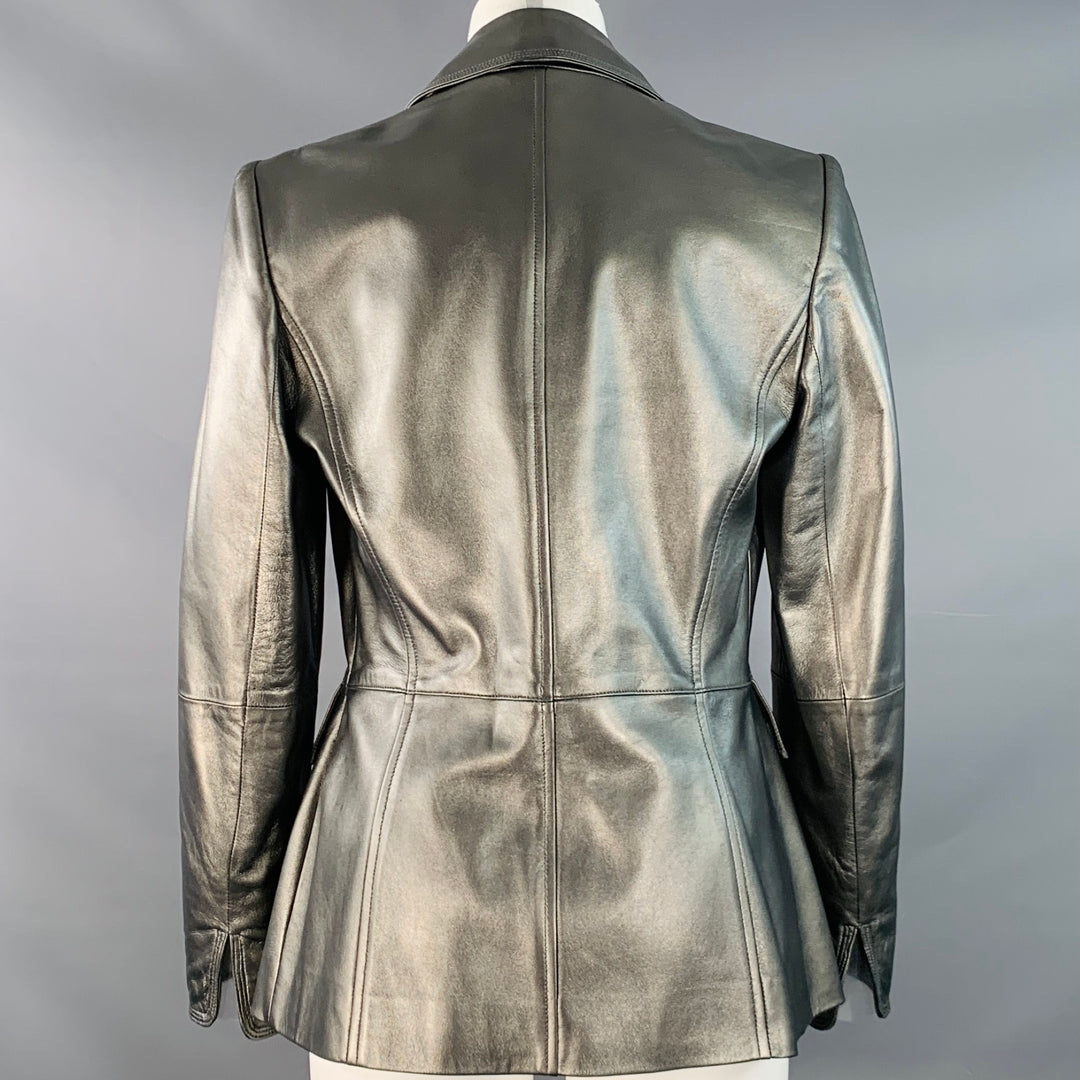 ELLEN TRACY Size 4 Metallic Silvre Leather Notch Lapel Jacket Blazer