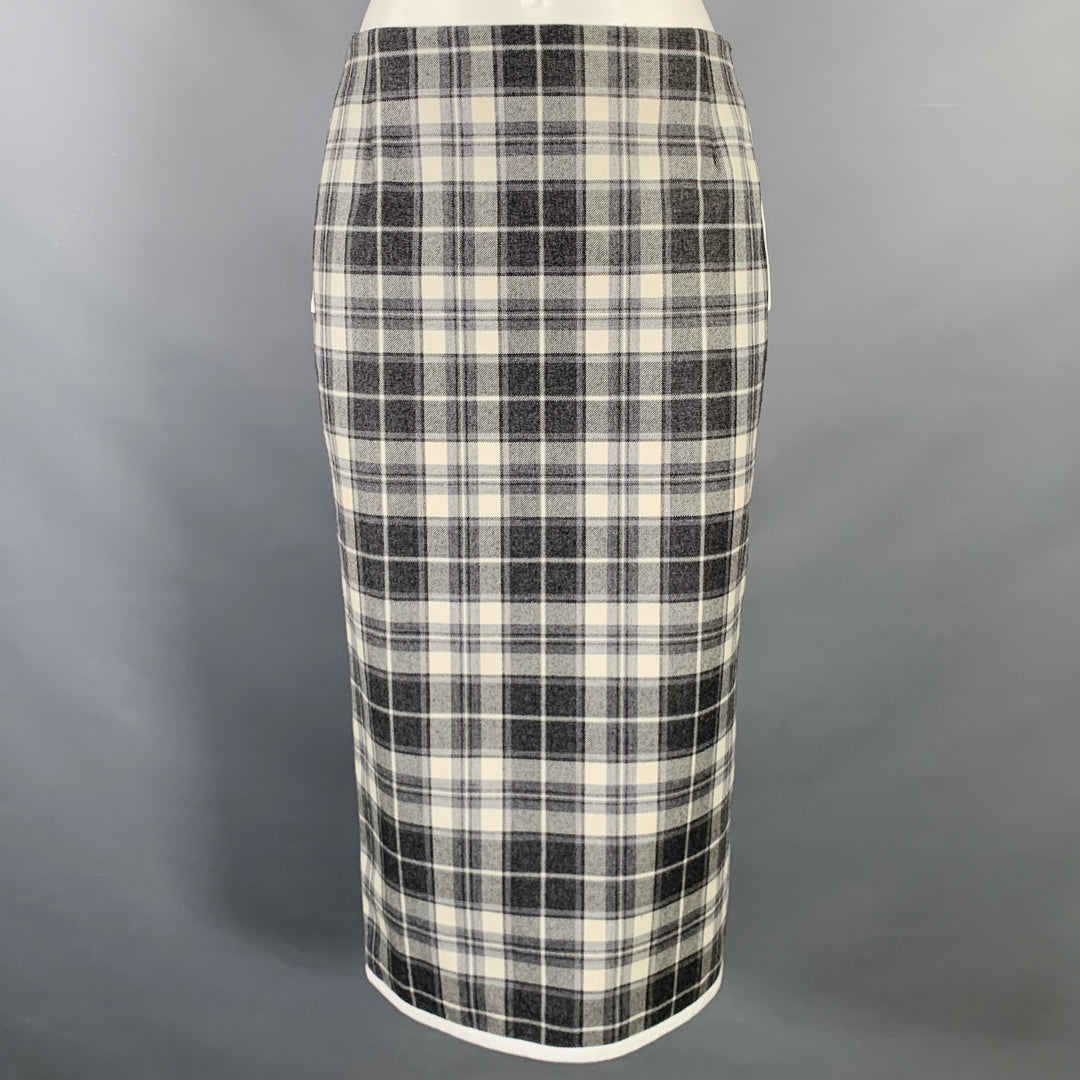 THOM BROWNE Size 0 Grey Cream Wool Plaid Pencil Mid-Calf Skirt