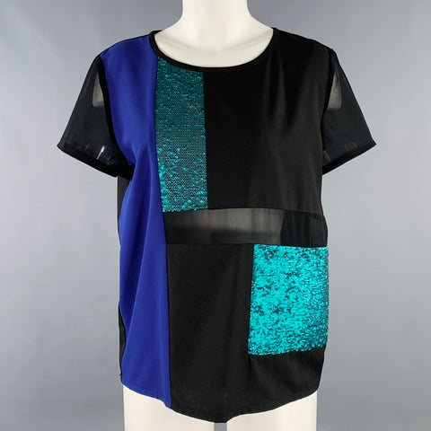 STYLESTALKER Size XS Black Blue Green Polyester Color Block T-Shirt