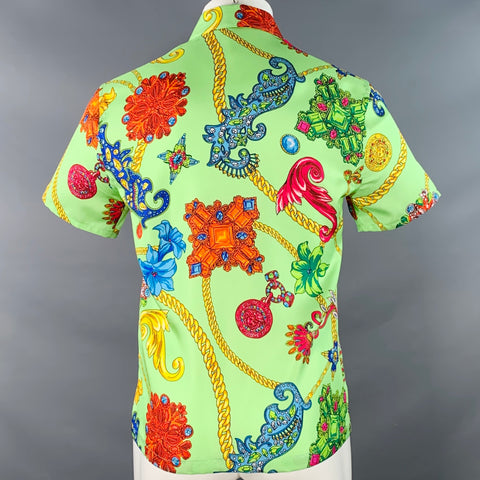 VERSACE Size M Green Multi Color Baroque Twill Short Sleeve Shirt
