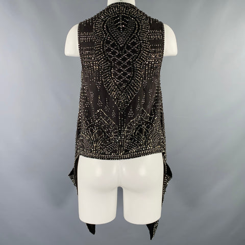 KAUFMAN FRANCO Size 2 Black Silver Silk Beaded Asymmetrical Vest