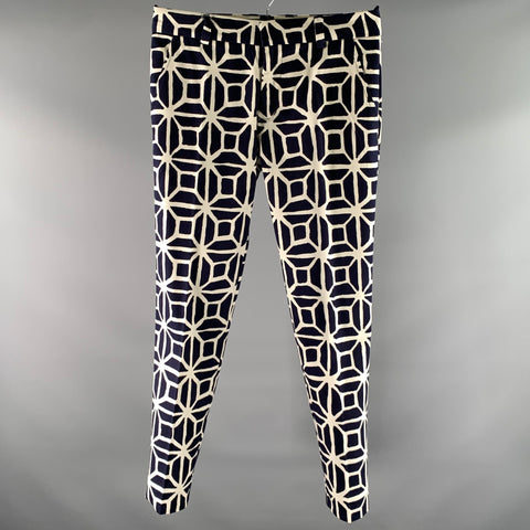 MR TURK Size 30 White Navy Tile Print Cotton Blend Slim Dress Pants
