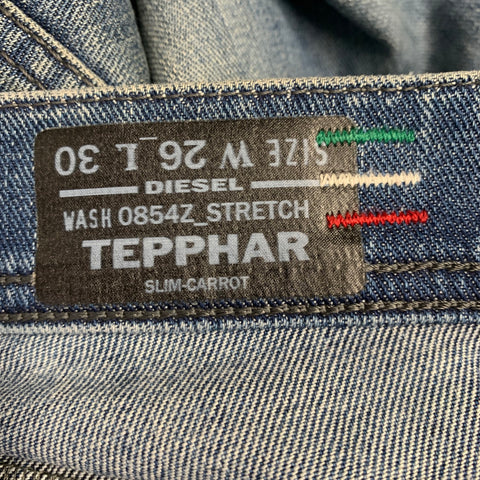 DIESEL FW16 Size 26 Tepphar Blue Distressed Cotton Blend Tapered Slim Jeans