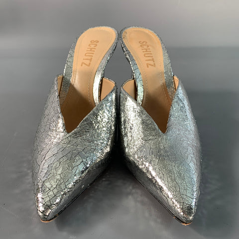 SCHUTZ Size 6.5 Silver Leather Wrinkled Mules Pumps