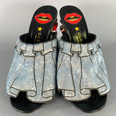 GUCCI Size 8 Trompe L'oeil Blue Red Gold Beaded Mules Sandals