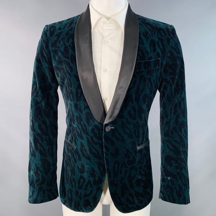VERSACE COLLECTION Size 38 Green Black Animal Print Velvet Shawl Lapel Sport Coat