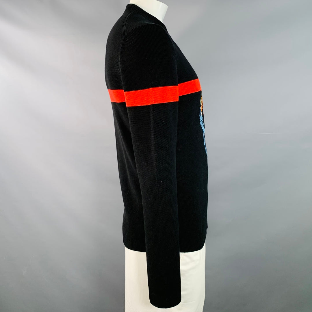 ALEXANDER MCQUEEN 2018 Size L Black Multi Color Embroidery Cotton Crew Neck Sweater