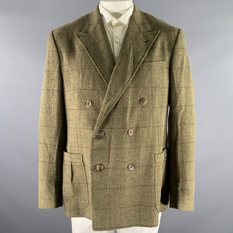 RALPH LAUREN Size 46 Green Brown Window Pane Wool Linen Silk Sport Coat