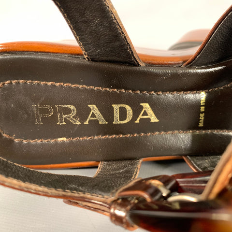 PRADA Size 8 Brown Black Leather Slingback Wedges
