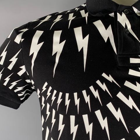 NEIL BARRETT Size L Black White Graphic Cotton Slim Fit Polo