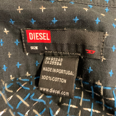 DIESEL Size L Black Silver Blue Embroidered Cross Cotton Slim Fit Long Sleeve Shirt