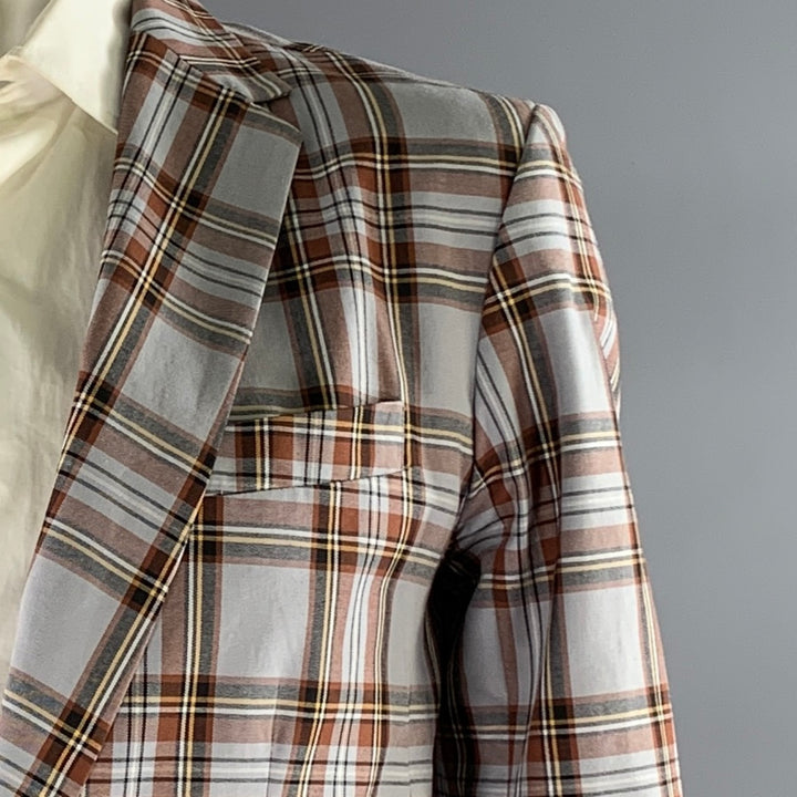 MR TURK Chest Size 42 Grey Brown Plaid Cotton Notch Lapel Sport Coat